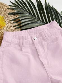 SHEIN Essnce Women's Casual Frayed Hem Denim Shorts With Pockets - Pink - View 3