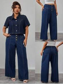SHEIN Elenzya 大码女式优雅舒适中蓝色无弹直筒牛仔裤 - 中等水洗藍 - 查看 1