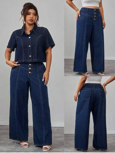SHEIN Elenzya Quần jeans ống đứng màu xanh nhạt không co giãn, thanh lịch và thoải mái dành cho nữ cỡ lớn
