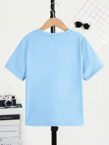 SHEIN Tween Boys' Casual Fashionable Street Style Slogan Print Short Sleeve T-Shirt, Daily Wear - Baby Blue - View 2