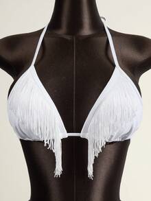 ROMWE Street Life Women's 2pcs Set Sexy Solid Color V-Neck Halter Tie Tassel Minimalist Swimsuit - White - View 6