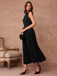 Enchnt Damen Einfarbiges Asymmetrisches Schulter Plissee Saum Elegantes Kleid - Schwarz - Übersicht 8