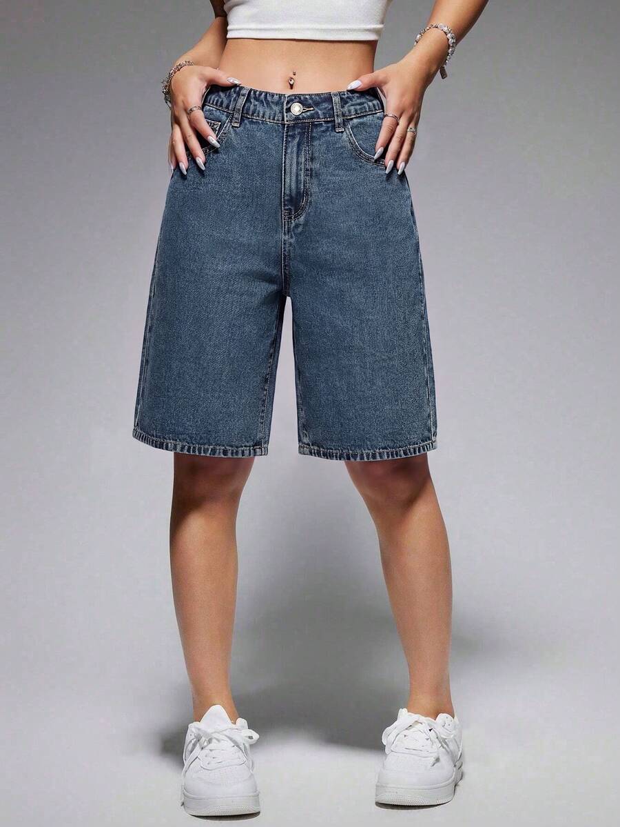 SHEIN EZwear 女士休闲百搭百慕大牛仔短裤，带口袋 - 藍色 - 查看 1
