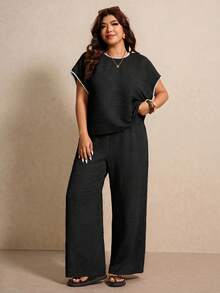 Elaquor Plus Size Women 2pcs Set, Round Neck Short Sleeve Top And Pants, Casual - Black - View 9