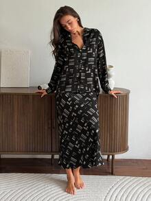 Livesso Women's Geometric Print Long Sleeve Top And Mini Skirt Pajama Set - Black - View 6
