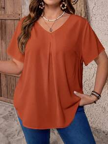 EMERY ROSE Plus Size V-Neck Ruched Short Sleeve Burnt Orange Summer Tops,Casual Solid Dressy Top For Women,Smart Casual Everyday Work,Country Vacation Outfits - Rust Brown - View 1