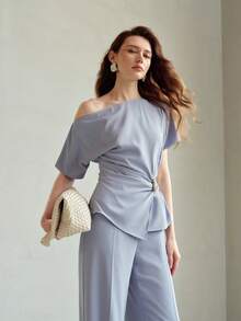 MOTF PREMIUM WOMEN'S ELEGANT RUCHED ASYMMETRIC NECK TOP & PANTS 2 PIECES SET - Baby Blue - View 4