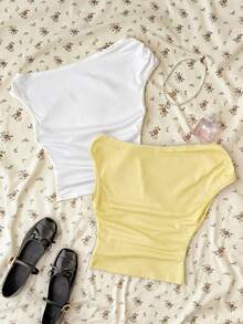 SHEIN 2件套少女/青少年女孩黄白针织休闲褶皱不对称肩部修身短款上衣，买一送一 - 黃色 - 查看 2