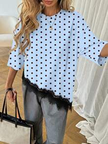 SHEIN LUNE Áo thun nữ màu trơn, vạt áo bất đối xứng, phối ren, kiểu dáng thường ngày, đa năng, thích hợp mặc đi nghỉ mát, hè, xuân, nghỉ xuân và nhiều dịp khác, bao gồm váy đi biển, áo sơ mi thường ngày, áo khoác ngoài và áo mùa hè. - Nhiều màu - Xem 5