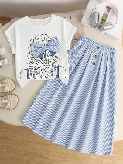 SHEIN Teenage Girls' Backview Portrait Print Bow Decor Round Neck T-Shirt And Striped A-Line Skirt Casual Outfit, Summer