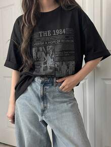 DAZY Women's Character Slogan Printed Drop Shoulder Loose T-Shirt Graphic Tee Oversized T-Shirt - Black - View 1