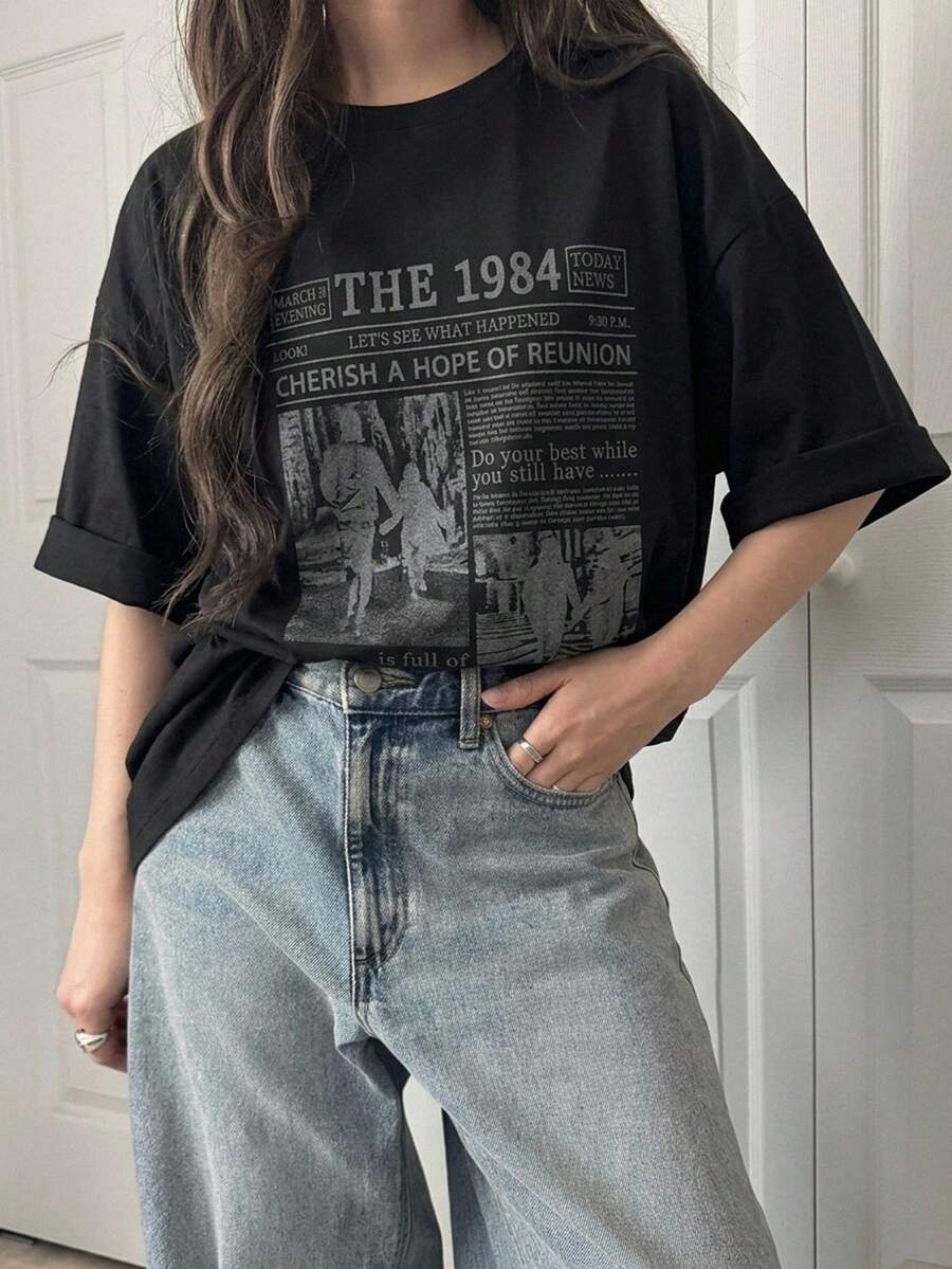 DAZY Women's Character Slogan Printed Drop Shoulder Loose T-Shirt Graphic Tee Oversized T-Shirt - Black - View 1