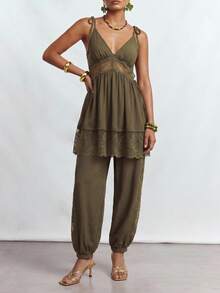 Zivah 2026 Elegant Bohemian Style Beach Vacation Vacation Sheer Chiffon Contrast Lace Set, Camisole Top+Lantern Pants, Lantern Olive Green Summer - Army Green - View 7