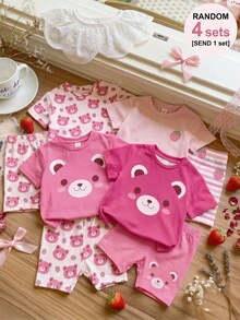 [RANDOM 3 Sets SEND 1 Set]Baby Girl Cute Summer Light Pink Graphic Bear Strawberry Print Round Neck T-Shirt & Bike Shorts Set,Family Matching Outfits - Multicolor - View 3