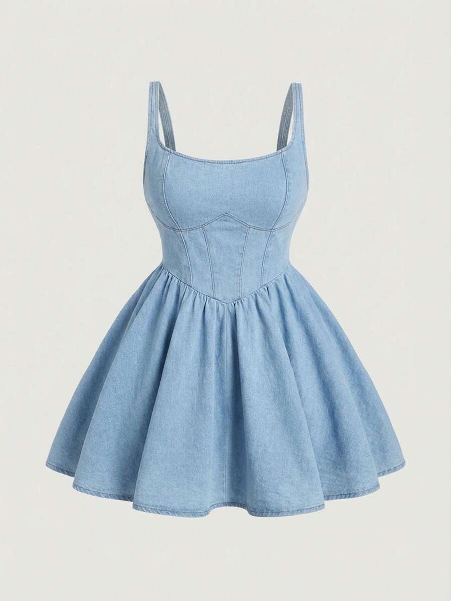 SHEIN MOD Plus Size Women Waist Cinched Casual Denim Jumpsuit Dress - Light Wash - View 1