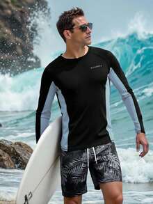 ZELFYO Men's Color Block Long Sleeve Rash Guard Top And Printed Swim Shorts Set, Surfing Swimwear, Holiday - Black - View 3