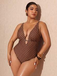 Elaquor Baju Renang One-Piece untuk Liburan Pantai Wanita Ukuran Plus - Coffee Brown - View 1