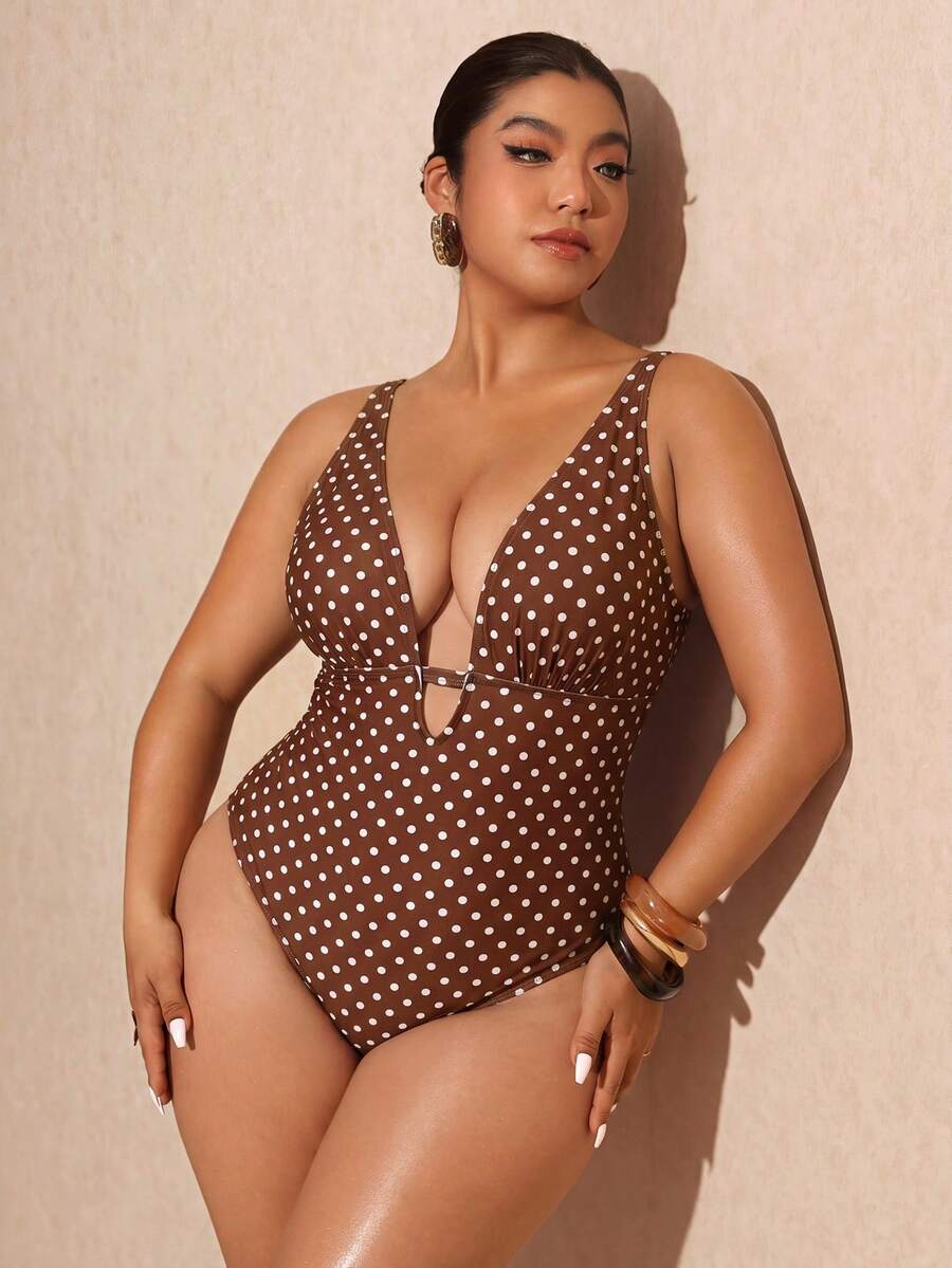 Elaquor Baju Renang One-Piece untuk Liburan Pantai Wanita Ukuran Plus - Coffee Brown - View 1