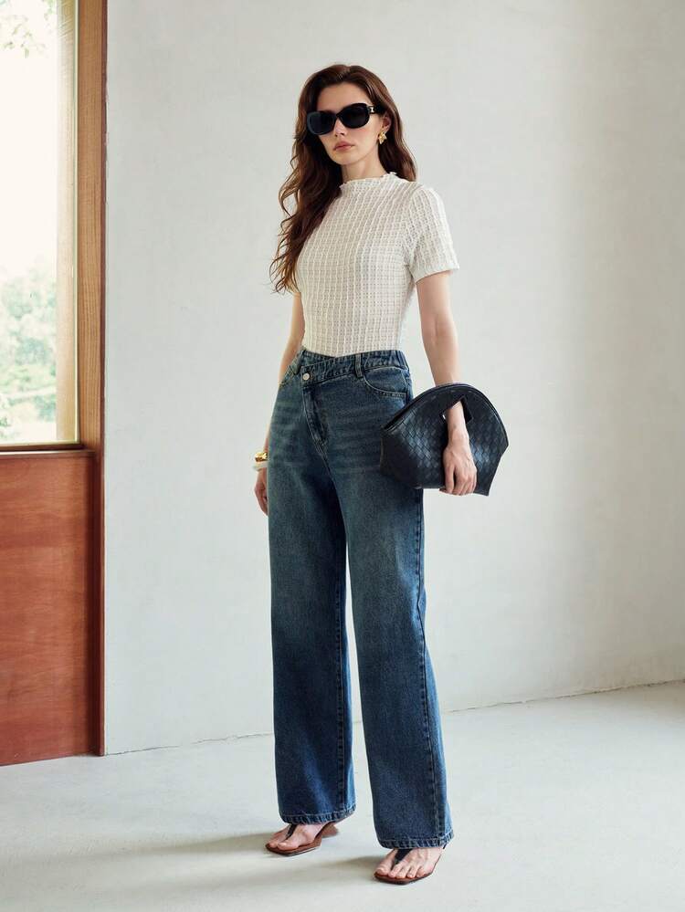 SPRING & SUMMER ASYMMETRICAL PLACKET WASHED WIDE-LEG JEANS