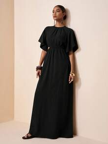 Zivah Elegant Sexy Casual Jamican Pastal Summer Vacation Maxi Dress Women's Loose Round Neck Short Sleeve Ruffle Hollow Waist Linen Textured Boho Long Black - Black - View 7