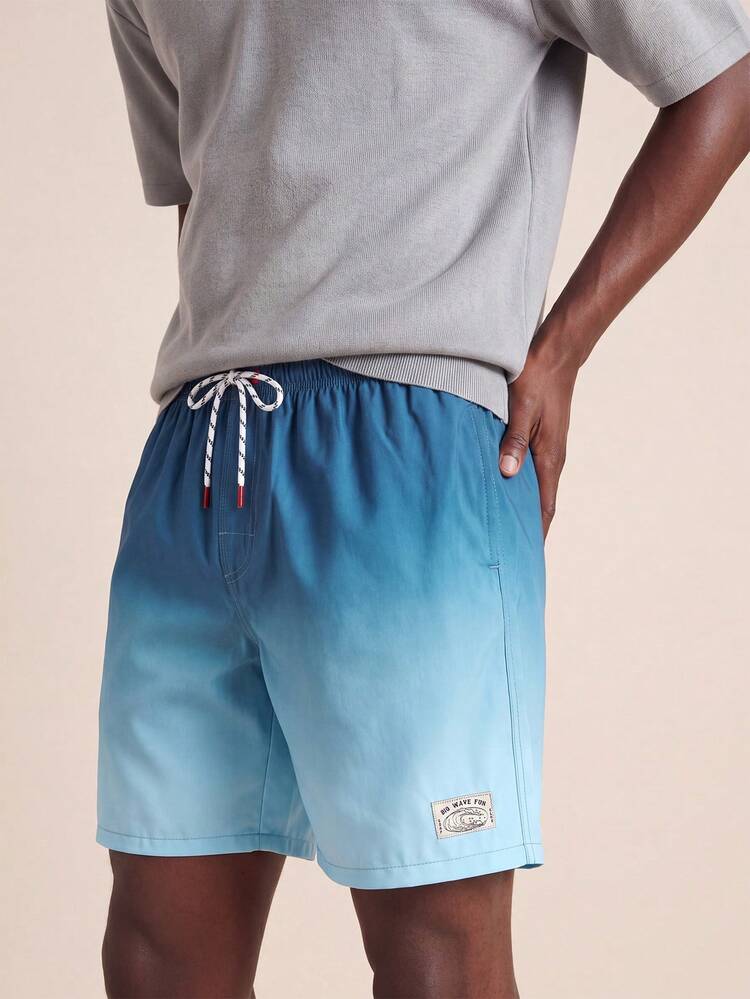Men Patched Ombre Drawstring Swim Trunks