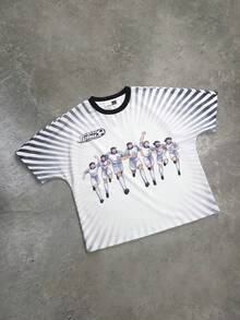 Captain Tsubasa X SHEIN STYNVO Kaos Longgar Kasual Pria Motif Kartun Garis-Garis Ombre, Cocok untuk Perjalanan Sehari-hari di Musim Panas dan Liburan - Putih - View 4