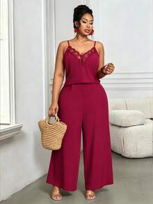 Villa Velisse Plus Size Fashion Casual Lace Camisole + Plus Size Fashion Casual Loose Pants - Red - View 4