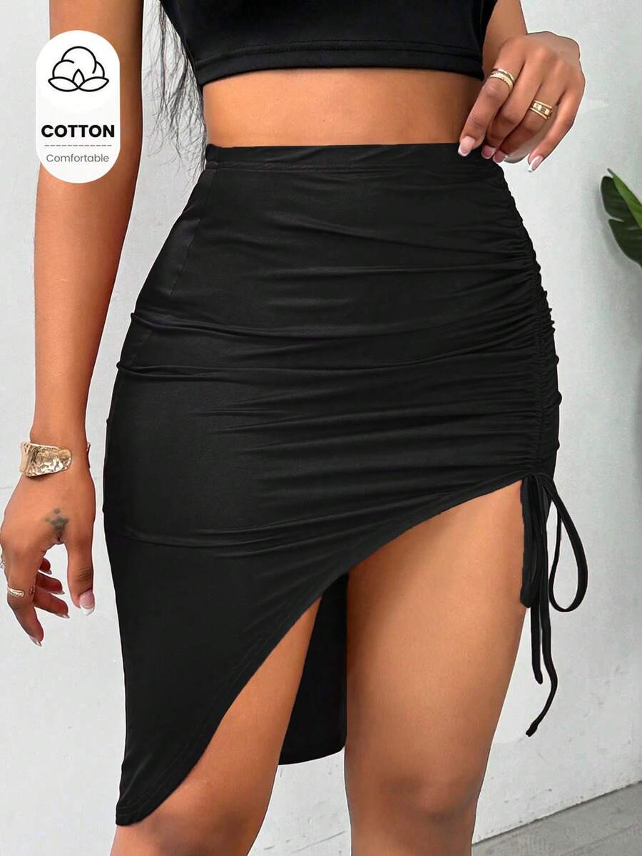 BamGleam Women's Solid Color Asymmetrical Hem Drawstring Casual Fashionable Fitted Skirt - Black - View 1