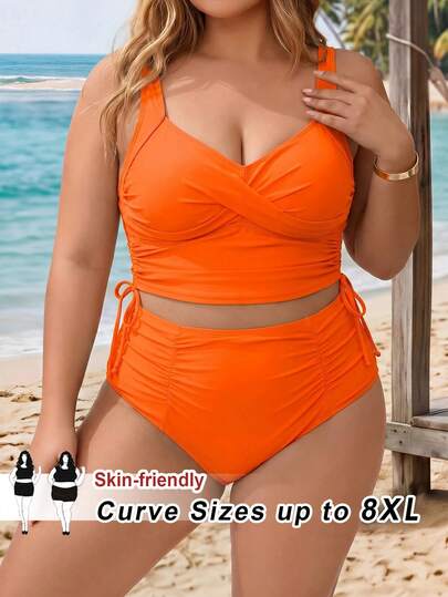 SHEIN CURVE+ Bộ đồ bơi tankini thể thao thường ngày màu cam dây mảnh dành cho nữ cỡ lớn năm 2026, thích hợp cho kỳ nghỉ hè ở bãi biển.