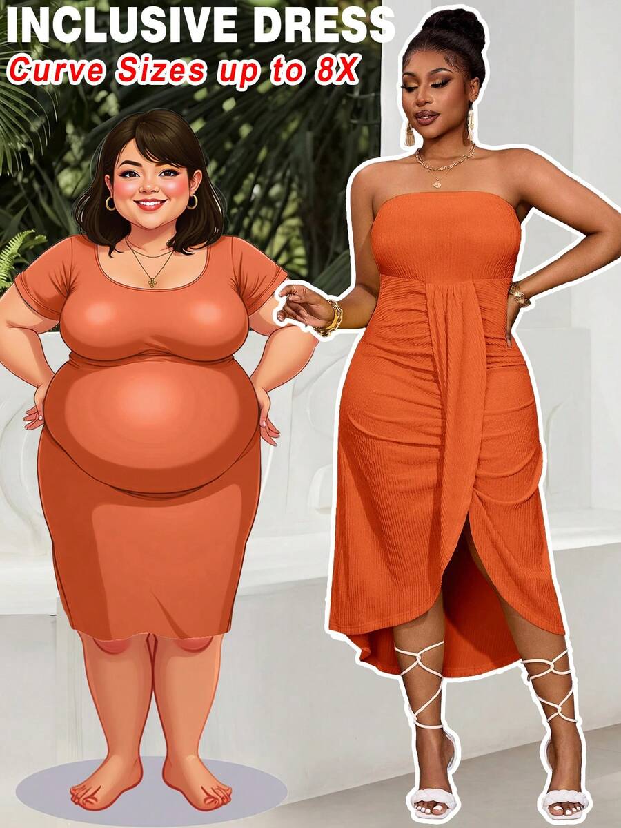SHEIN CURVE+ 新款春夏休闲度假抹胸上衣,正面和中间采用重叠褶裥设计,弧形下摆,前短后长,黄色竖条纹纹理女式加大码长裙 - 橘色 - 查看 1