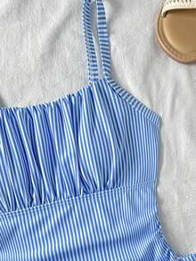 SHEIN Tween Girl Blue & White Striped Print Ruched Bust One-Piece Swimsuit - Blue and White - View 6