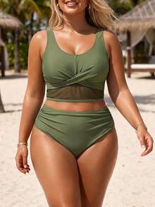 Swim Lushoire Große Größen Damen 2 Stücke Bikini-Set Einfarbig mit dicken Trägern, Kreuzgurt, Mesh und geraffter Dreiecksform - Grün - Übersicht 3