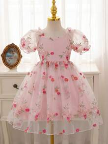 SHEIN Glamorique Kids 圣诞/新年派对圣诞老人连衣裙，女童公主风花卉刺绣网纱泡泡袖连衣裙，四季皆宜 - 粉色 - 查看 4