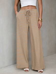 SHEIN Tall Quần ống rộng kẻ sọc màu nâu retro tối giản, thoải mái dành cho nữ, cạp thấp, có dây rút, kiểu dáng giản dị, thích hợp mặc ở nhà, bộ đồ hai mảnh gồm quần dài và quần ống rộng, bộ đồ mùa hè kẻ sọc. - Màu be - Xem 3