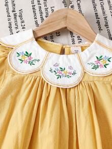 Emery Rose Kids Young Girl Pastoral Floral Embroidered Pattern Ruffle Collar Puff Sleeve Dress,Versatile Round Neck Trim Contrast Color - Yellow - View 5