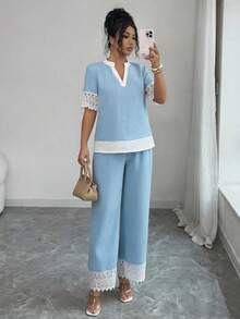 SHEIN Elenzya 优雅浪漫度假通勤蕾丝边宽松上衣+裤子两件套女装 - 藍色 - 查看 1