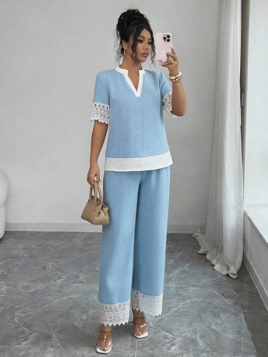 SHEIN Elenzya 优雅浪漫度假通勤蕾丝边宽松上衣+裤子两件套女装 - 藍色 - 查看 1