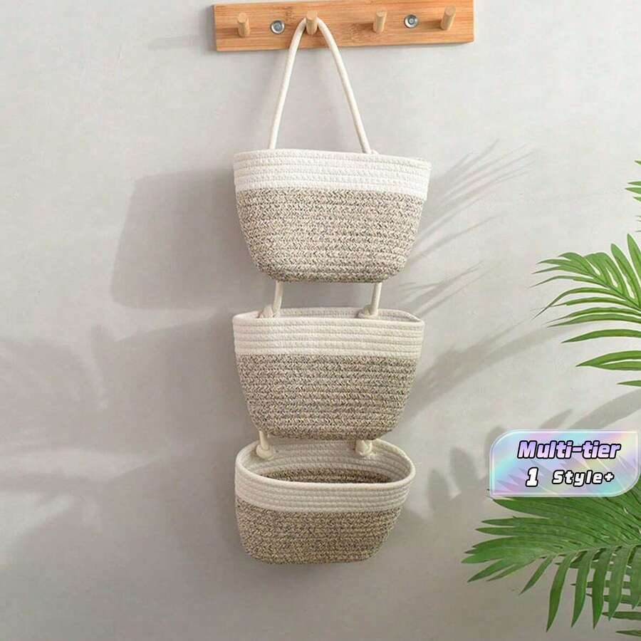 1pc Three-Tier Hanging Rope Storage Basket - Removable Decorative Storage Rack, Suitable For Living Room, Bathroom, And Bedroom, Over-The-Door Hanging Storage Basket With Multiple Storage Compartments - multicolor - View 1