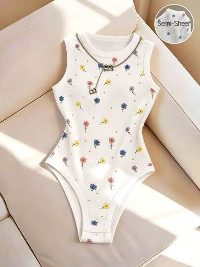 Everyssa Nuevo body sin mangas de cuello redondo blanco para primavera/verano, con estampado de margaritas de colores, ajuste ceñido, diseño de mangas envolventes, versátil para uso diario, citas, salidas, se puede usar como ropa interior o exterior