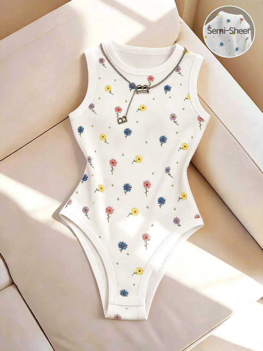 valorelle valorelle 白色花卉夏季可愛約會度假連身衣,雛菊印花無袖圓領修身連身衣,適合外出與日常穿著的多功能外穿單品 - 白色 - 查看 1