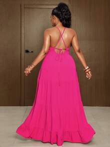 Maweii Vestido camisero de mujer de gran tamaño en color rojo rosa con escote en V, vestido de verano con capas tipo pastel, suelto y de color brillante, con sensación de alta gama, estilo blanco estilizante para vacaciones, con ajuste de tirantes largos en la espalda, vestido largo calado para la playa - Rosa Fucsia - Ver 7