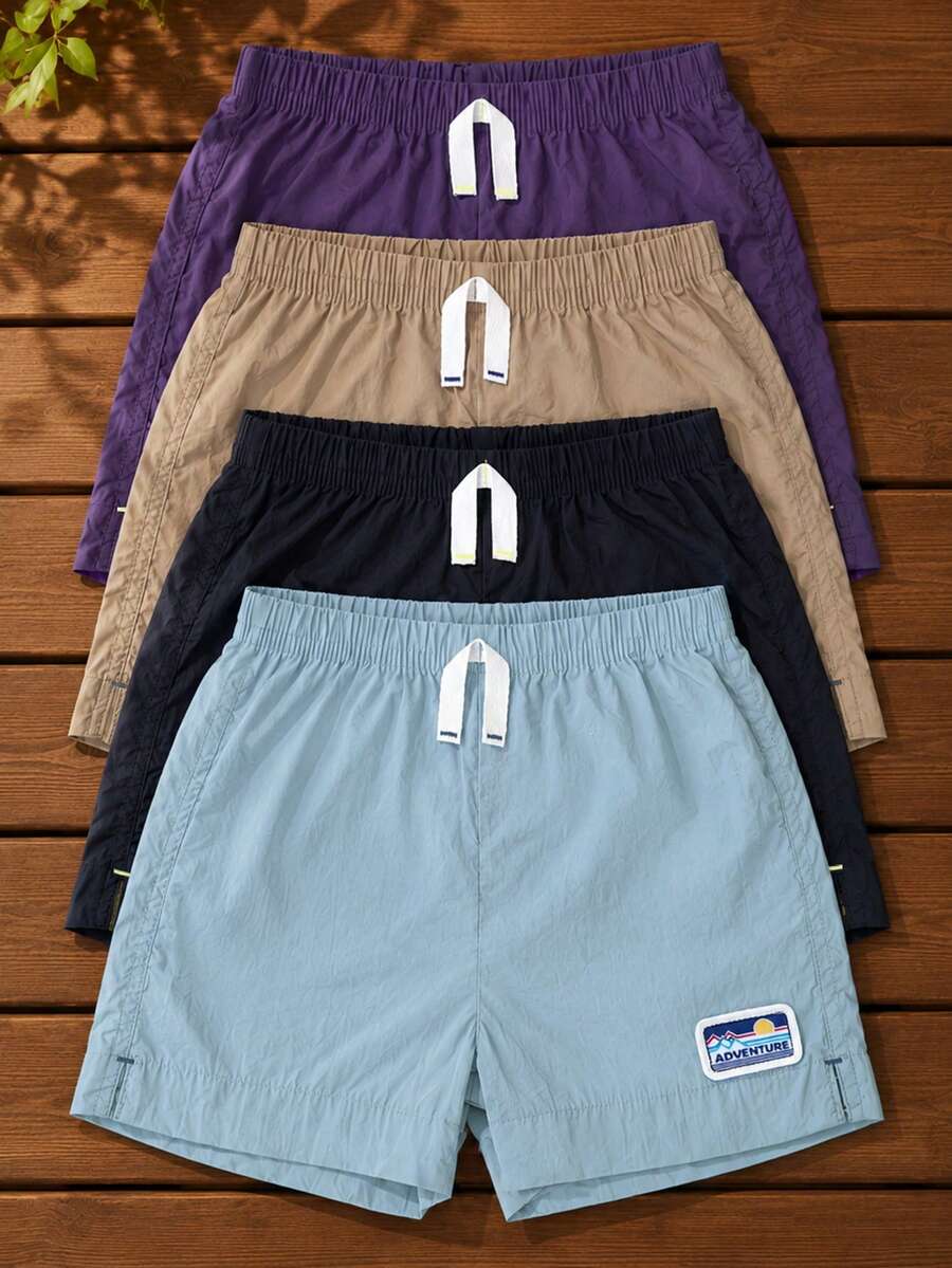 SHEIN 4件/組 幼兒男嬰休閒彈性腰短褲,防曬、涼感觸感、刺繡貼布、抽繩設計,百搭百搭風格,適合日常穿著、上學、旅行、運動 - 彩色 - 查看 1
