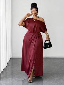 Maweii Vestido asimétrico de hombro dividido de alta gama y elegante para tallas grandes - Rojo - Ver 5
