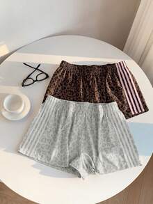 SHEIN EZwear 大码女式休闲条纹豹纹弹力腰短裤 - 彩色 - 查看 8