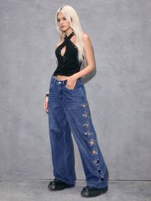 ROMWE Quần jeans denim xanh rách kiểu Y2K phong cách thường ngày với họa tiết ngôi sao và đính đá lấp lánh dành cho nữ. - Màu xanh lam - Xem 2