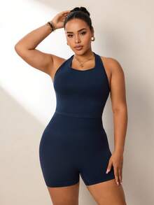 SHEIN Rhythm Era Plus Size Women Summer Minimalist Navy Seamless Halter Top And High Waist Shorts Sports Set - Navy Blue - View 4