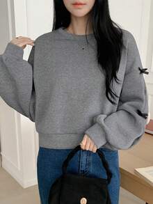 DAZY Contrast Color Bow Decor Loose Fit Crew Neck Pullover Sweatshirt For Women,Long Sleeve Tops,Fall Clothes - Dark Grey - View 11
