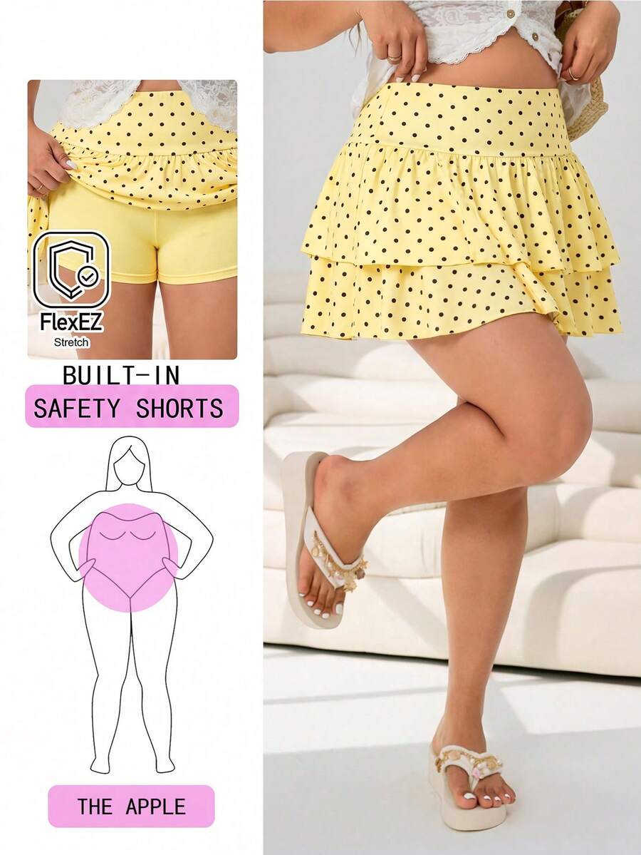 Solflare Plus Size Yellow Polka Dot Summer Cute Vacation Holiday Printed Elastic Knit Casual Dress,Layered Ruffle Hem With Built-In Shorts Lining For Women - Yellow - View 1