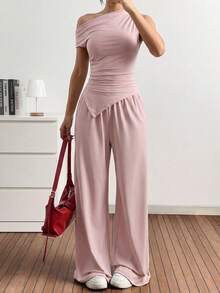 SHEIN EZwear 女士莲花粉色不对称领口褶皱不对称下摆上衣和带口袋休闲裤两件套 - 藕粉色 - 查看 5