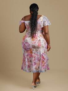 CurvyTilda Floral Print Asymmetric Ruffle Hem Dress Vacation - Multicolor - View 2